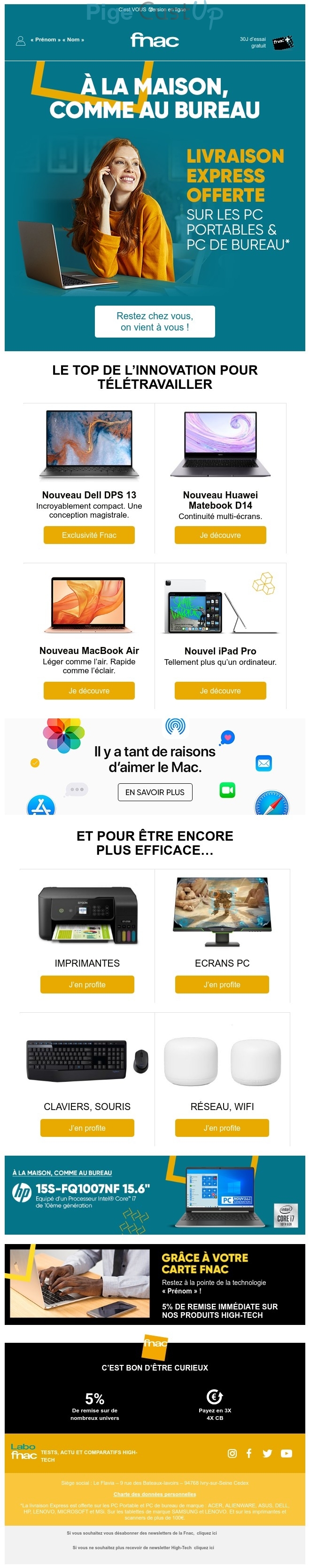 Exemple de Type de media  e-mailing - Fnac - Marketing marque - Communication Produits - Nouveaux produits - Marketing fidélisation - Incitation au réachat - Marketing Acquisition - Ventes flash, soldes, demarque, promo, réduction