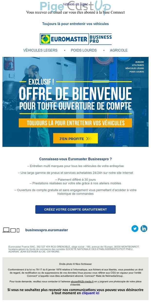 Exemple de Type de media  e-mailing - Euromaster - Collecte de données - Acquisition de leads - Marketing marque - Communication Services - Nouveaux Services - Marketing Acquisition - Ventes flash, soldes, demarque, promo, réduction