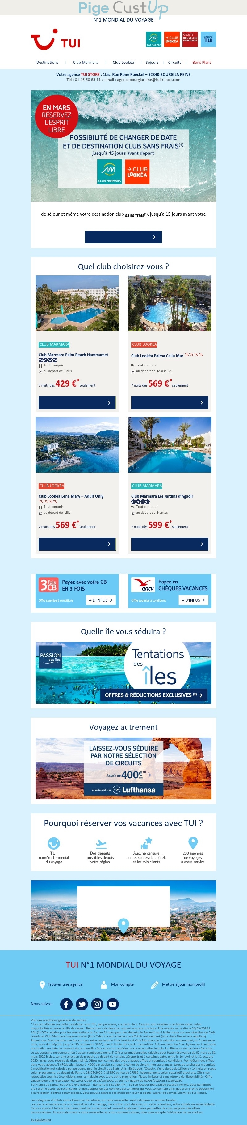 Exemple de Type de media  e-mailing - TUI - Marketing marque - Communication Produits - Nouveaux produits - Communication Services - Nouveaux Services - Marketing fidélisation - Incitation au réachat - Marketing Acquisition - Ventes flash, soldes, demarque, promo, réduction