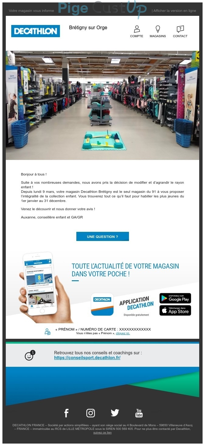 Exemple de Type de media  e-mailing - Décathlon - Marketing marque - Communication Produits - Nouveaux produits - Communication Services - Nouveaux Services - Marketing fidélisation - Incitation au réachat
