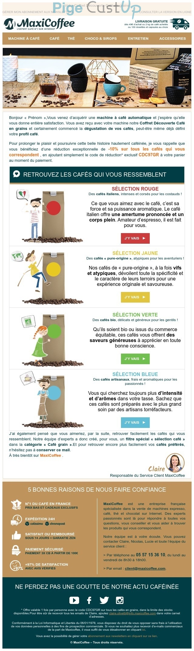 Exemple de Type de media  e-mailing - Maxicoffee - Marketing marque - Communication Produits - Nouveaux produits - Marketing fidélisation - Incitation au réachat - Marketing Acquisition - Ventes flash, soldes, demarque, promo, réduction