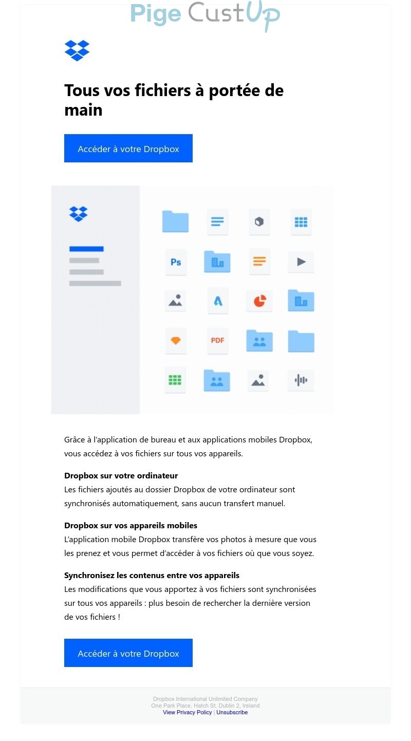 Exemple de Type de media  e-mailing - Dropbox - Marketing marque - Communication Produits - Nouveaux produits - Communication Services - Nouveaux Services