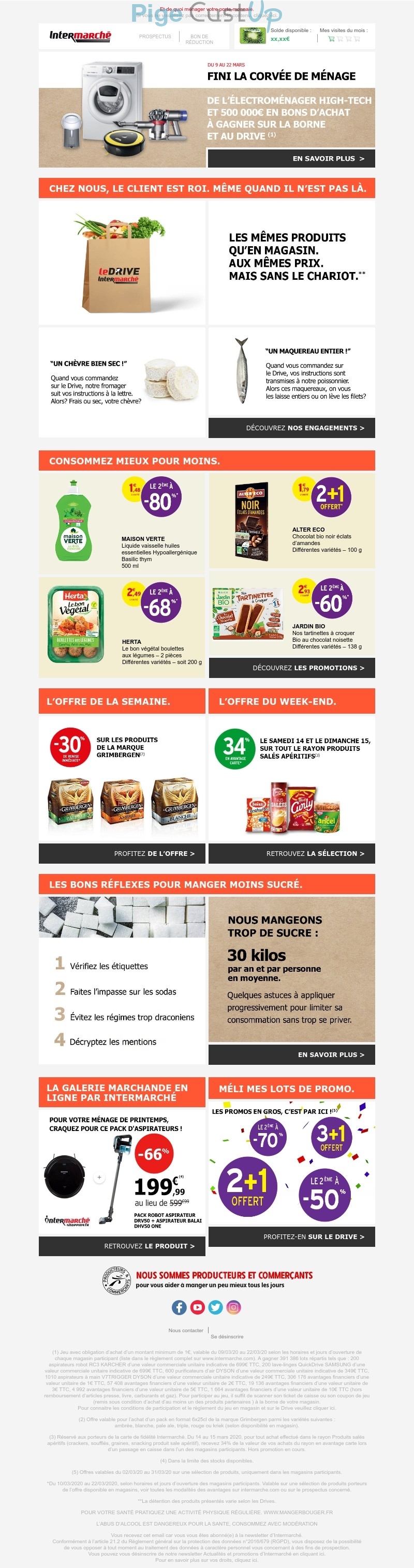 Exemple de Type de media  e-mailing - Intermarché - Marketing marque - Communication Produits - Nouveaux produits - Communication Services - Nouveaux Services - Marketing fidélisation - Incitation au réachat - Points et statut - Marketing Acquisition - Jeu promo - Ventes flash, soldes, demarque, promo, réduction