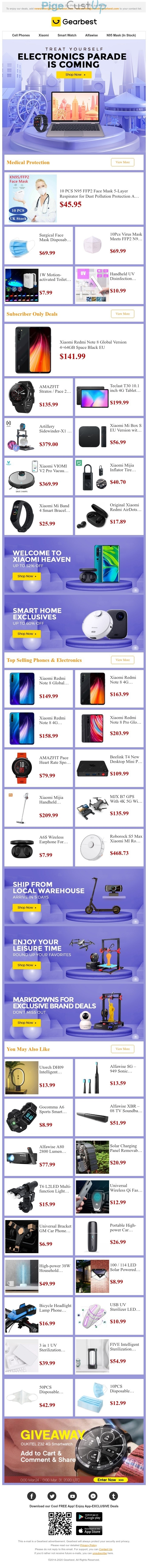Exemple de Type de media  e-mailing - Gearbest - Marketing marque - Communication Produits - Nouveaux produits - Marketing fidélisation - Incitation au réachat - Marketing Acquisition - Ventes flash, soldes, demarque, promo, réduction