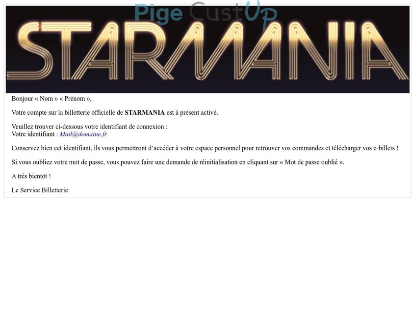 Exemple de Type de media  e-mailing - Billetterie Starmania - Transactionnels - Confirmation Ouverture de compte