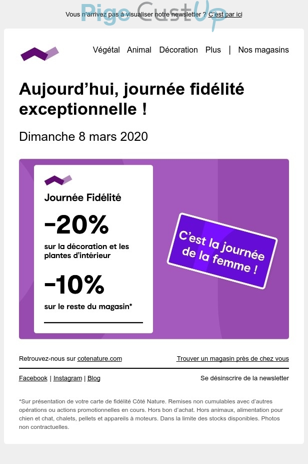 Exemple de Type de media  e-mailing - Côté Nature - Marketing fidélisation - Animation / Vie du Programme de Fidélité - Incitation au réachat - Marketing Acquisition - Ventes flash, soldes, demarque, promo, réduction