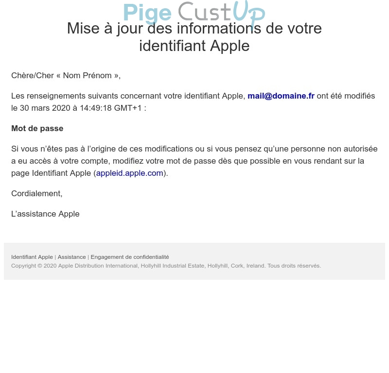 Exemple de Type de media  e-mailing - Apple.com - Transactionnels - Changement de mot de passe / d'identifiant