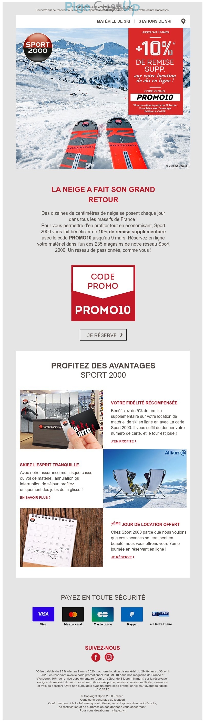 Exemple de Type de media  e-mailing - Sport 2000 - Marketing marque - Communication Produits - Nouveaux produits - Marketing fidélisation - Incitation au réachat - Marketing Acquisition - Ventes flash, soldes, demarque, promo, réduction