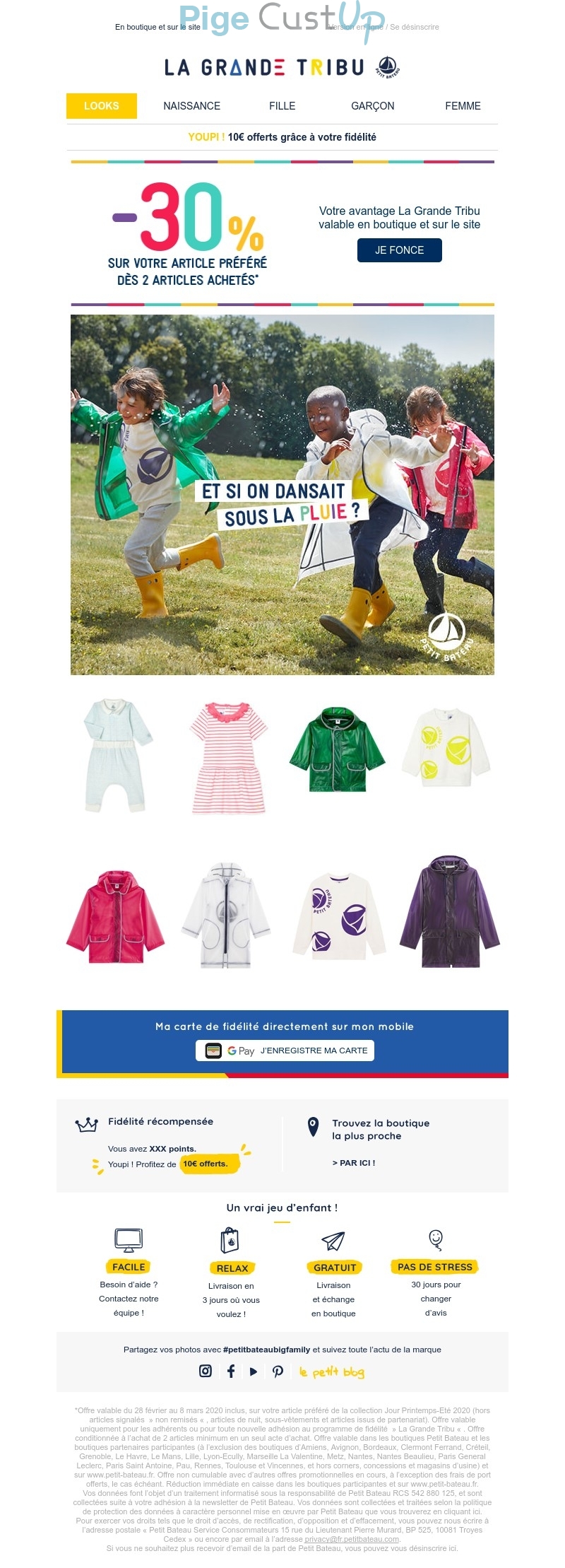 Exemple de Type de media  e-mailing - Petit Bateau - Marketing Acquisition - Ventes flash, soldes, demarque, promo, réduction - Marketing fidélisation - Points et statut