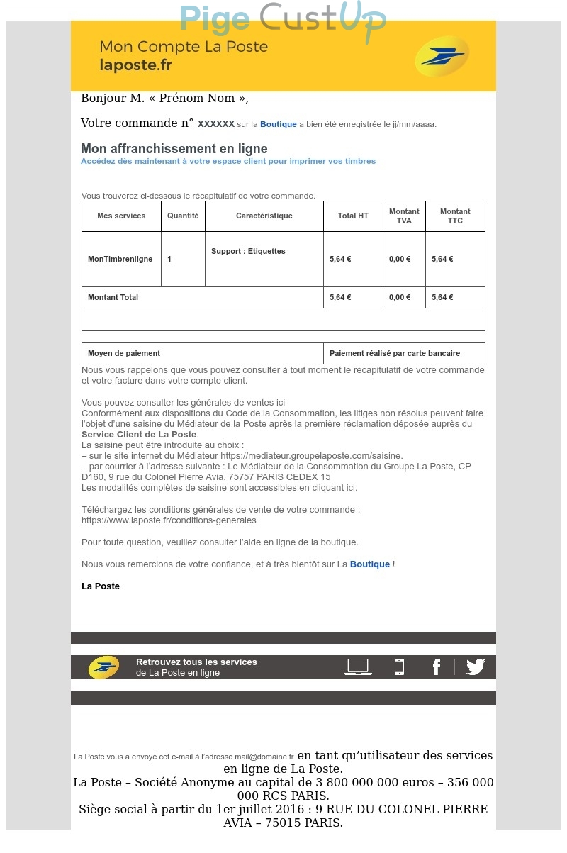 Exemple de Type de media  e-mailing - La Poste - Transactionnels - Confirmation de commande