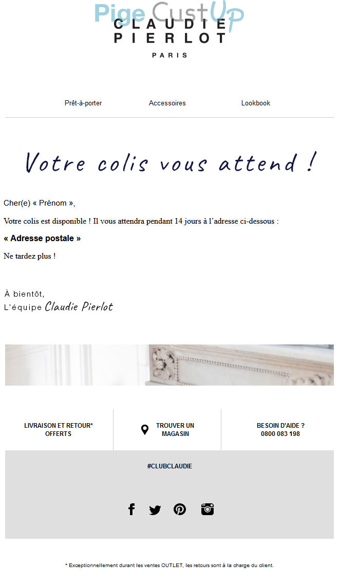 Exemple de Type de media  e-mailing - Claudie Pierlot - Transactionnels - Confirmation Livraison