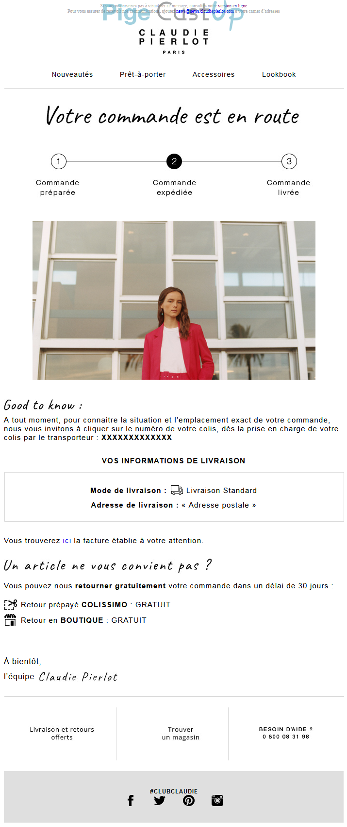 Exemple de Type de media  e-mailing - Claudie Pierlot - Transactionnels - Suivi de commande Expédition / Livraison