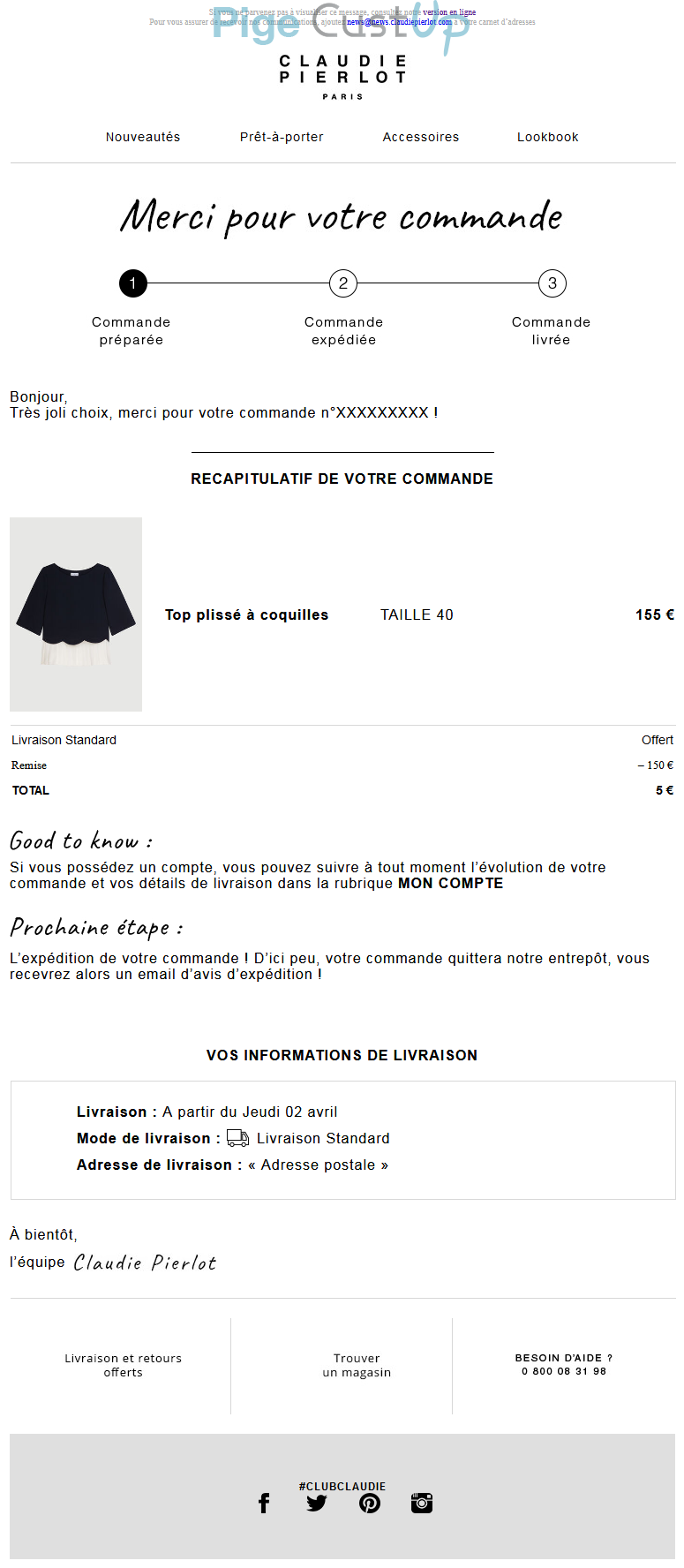 Exemple de Type de media  e-mailing - Claudie Pierlot - Transactionnels - Confirmation de commande