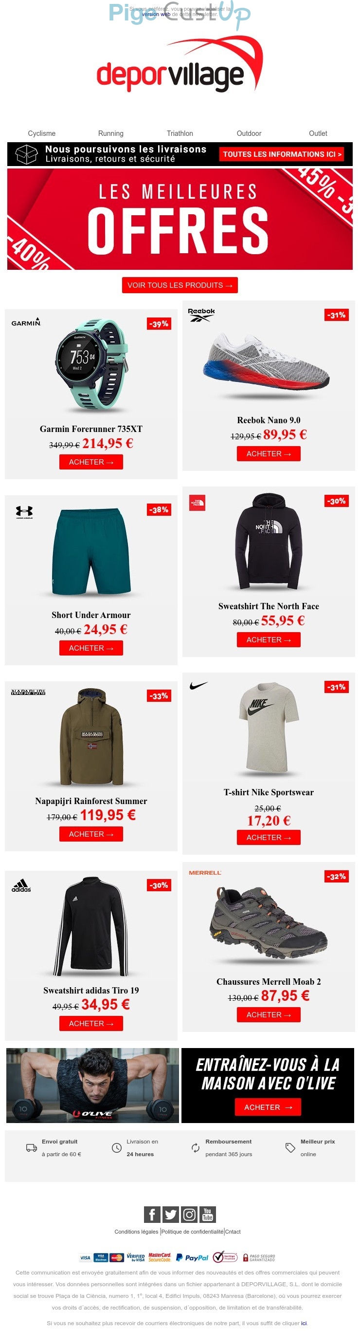 Exemple de Type de media  e-mailing - Deporvillage - Marketing marque - Communication Produits - Nouveaux produits - Marketing fidélisation - Incitation au réachat - Marketing Acquisition - Ventes flash, soldes, demarque, promo, réduction