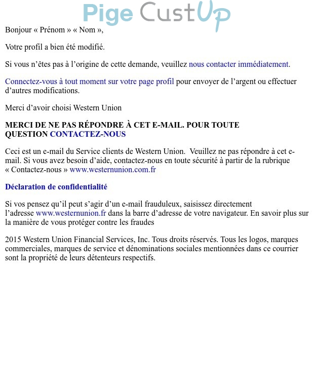 Exemple de Type de media  e-mailing - Western Union - Service Clients - Auto-reply Service Clients - Transactionnels - Confirmation modification informations personnelles