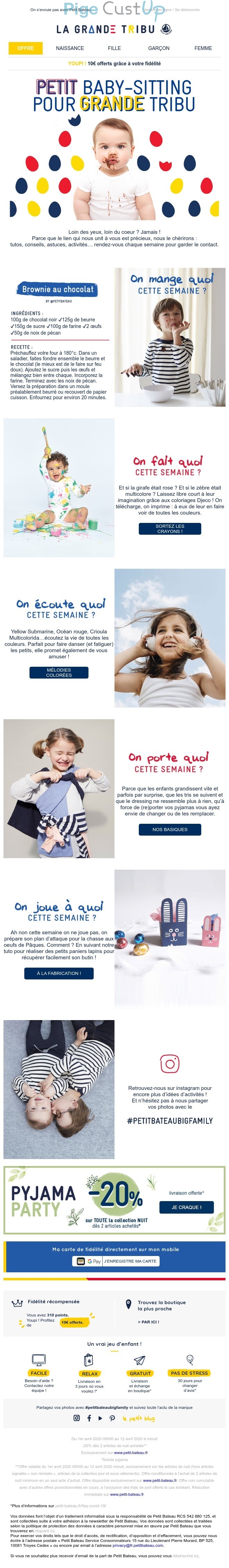 Exemple de Type de media  e-mailing - Petit Bateau - Marketing marque - Communication Produits - Nouveaux produits - Marketing Acquisition - Gratuit - Cadeau - Ventes flash, soldes, demarque, promo, réduction - Marketing fidélisation - Incitation au réachat - Recompenses - Marketing relationnel - Newsletter