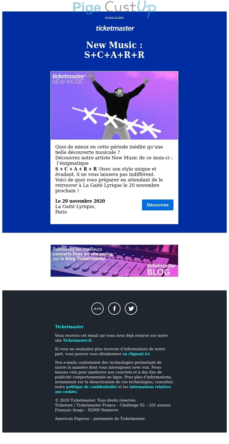 Exemple de Type de media  e-mailing - Ticketmaster - Marketing marque - Communication Produits - Nouveaux produits - Marketing fidélisation - Incitation au réachat