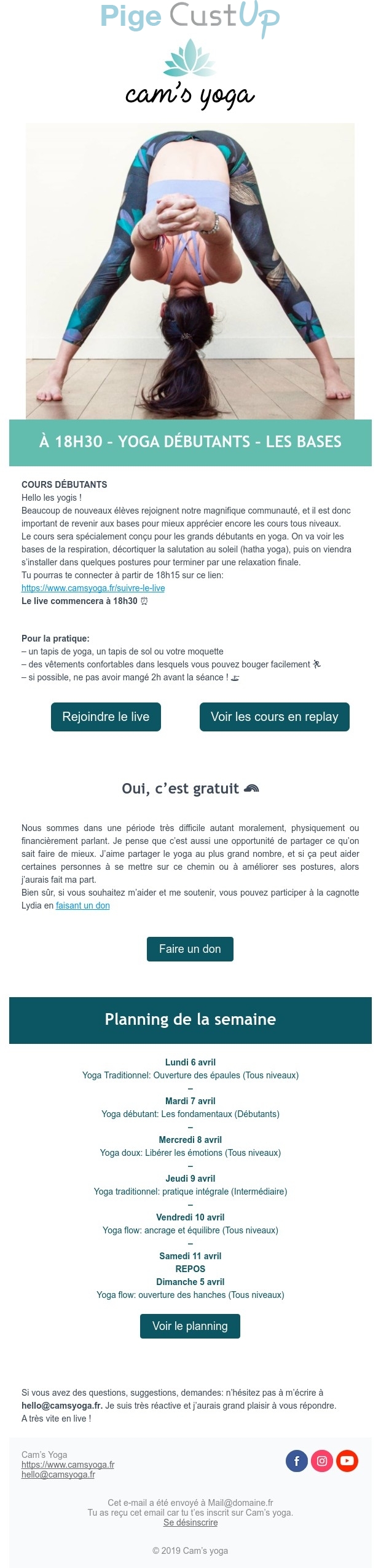 Exemple de Type de media  e-mailing - Cam's Yoga - Marketing relationnel - Alerting - Marketing marque - Communication Services - Nouveaux Services - Marketing Acquisition - Gratuit - Cadeau