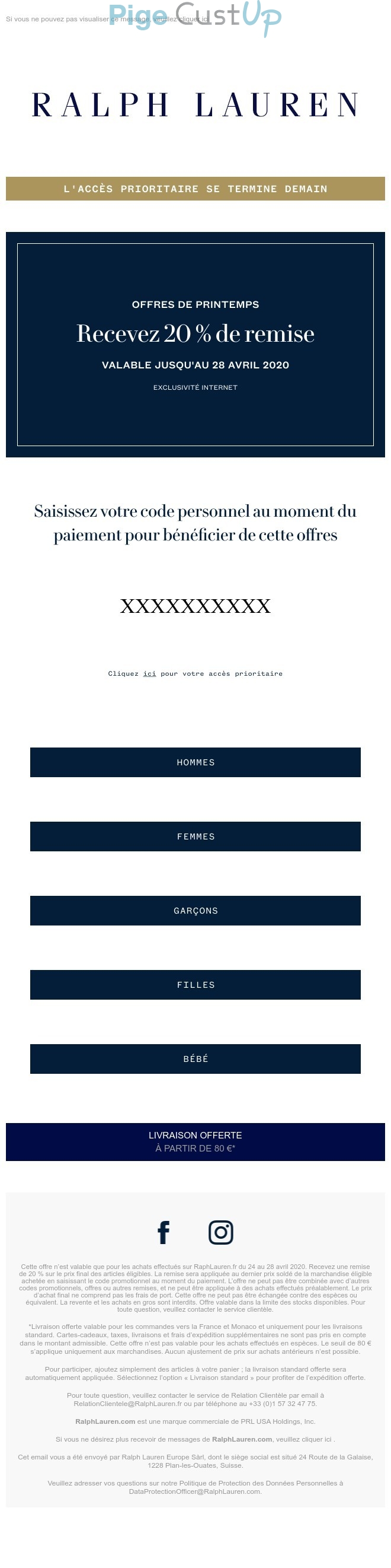 Exemple de Type de media  e-mailing - Ralph Lauren - Marketing Acquisition - Derniers jours - Ventes flash, soldes, demarque, promo, réduction - Marketing fidélisation - Incitation au réachat