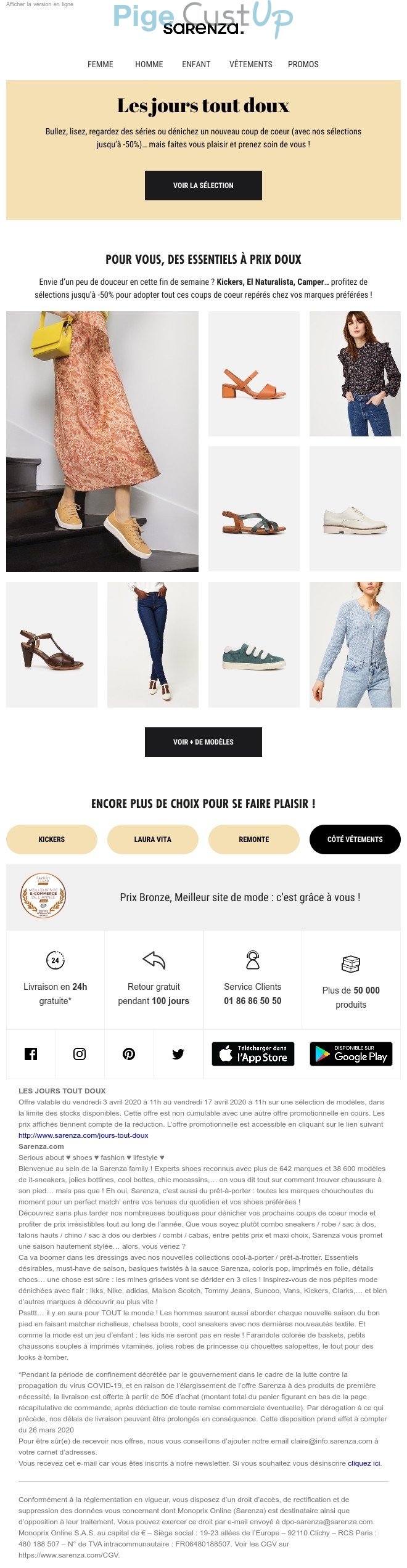 Exemple de Type de media  e-mailing - Sarenza - Marketing marque - Communication Produits - Nouveaux produits - Marketing fidélisation - Incitation au réachat - Marketing Acquisition - Ventes flash, soldes, demarque, promo, réduction