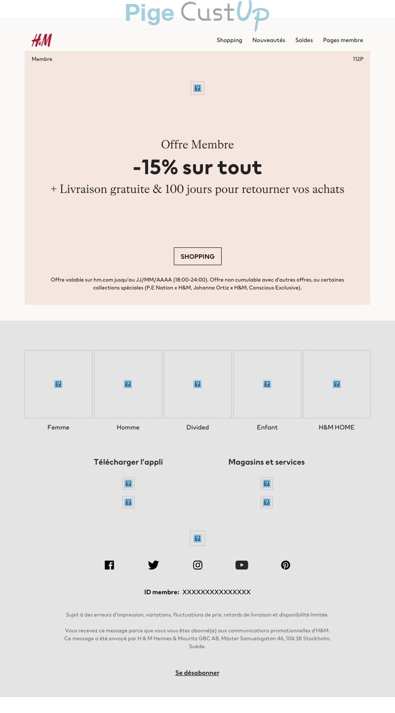 Exemple de Type de media  e-mailing - H&M - Marketing fidélisation - Avantages Partenaires - Incitation au réachat - Marketing Acquisition - Ventes flash, soldes, demarque, promo, réduction