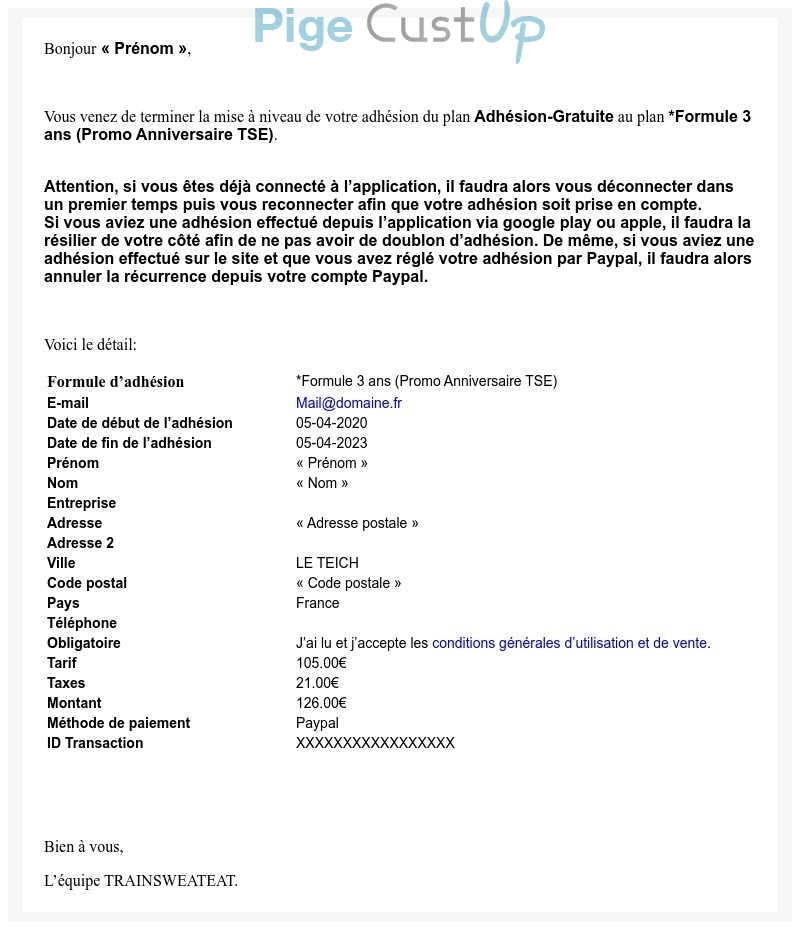 Exemple de Type de media  e-mailing - Trainsweateat - Transactionnels - Confirmation abonnement - Confirmation de commande