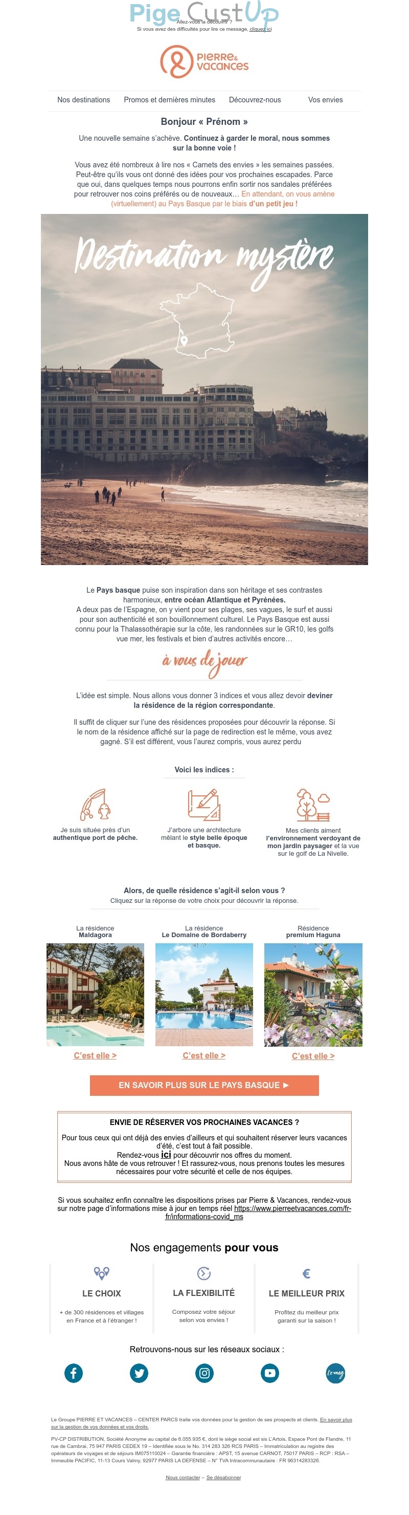 Exemple de Type de media  e-mailing - Pierre & Vacances - Marketing Acquisition - Jeu promo