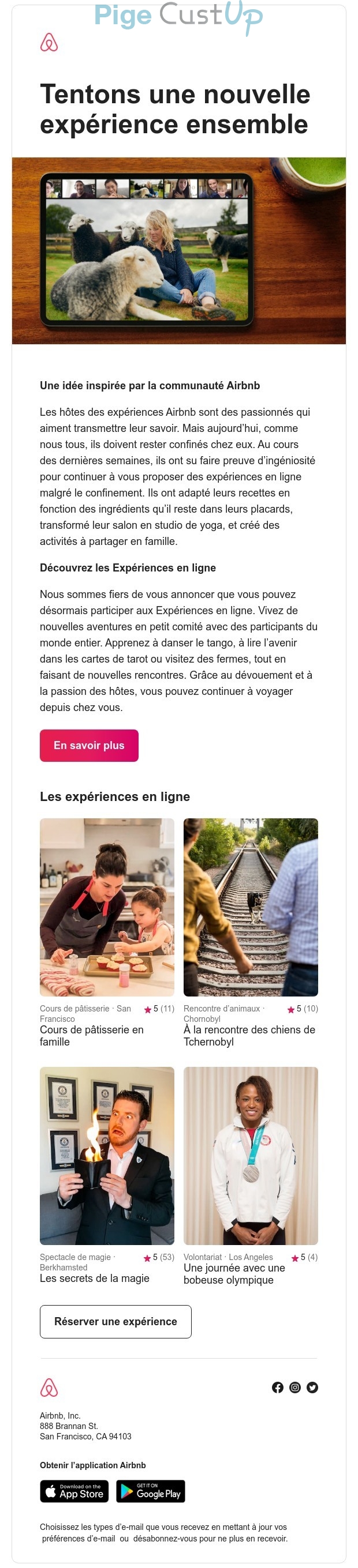 Exemple de Type de media  e-mailing - Airbnb - Marketing marque - Communication Produits - Nouveaux produits - Communication Services - Nouveaux Services - Marketing fidélisation - Incitation au réachat - Marketing relationnel - Newsletter