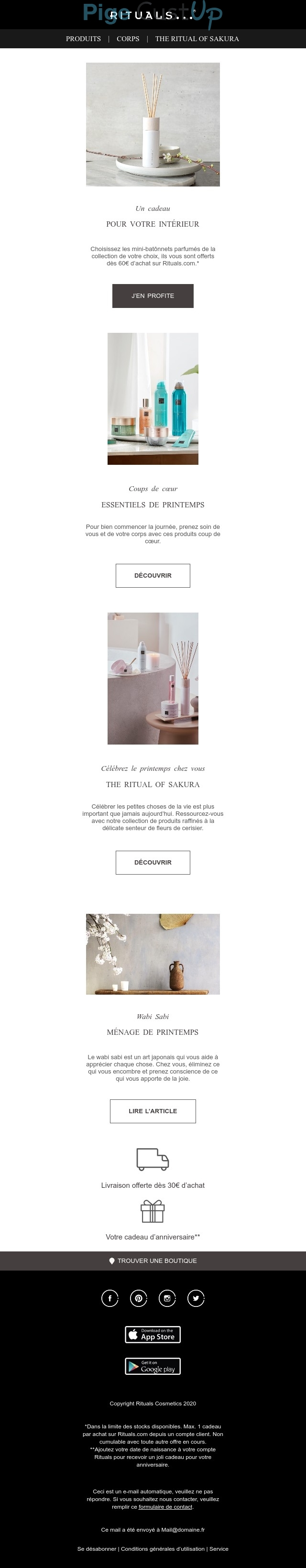 Exemple de Type de media  e-mailing - Rituals Cosmetics - Marketing marque - Communication Produits - Nouveaux produits - Marketing Acquisition - Gratuit - Cadeau - Marketing fidélisation - Incitation au réachat