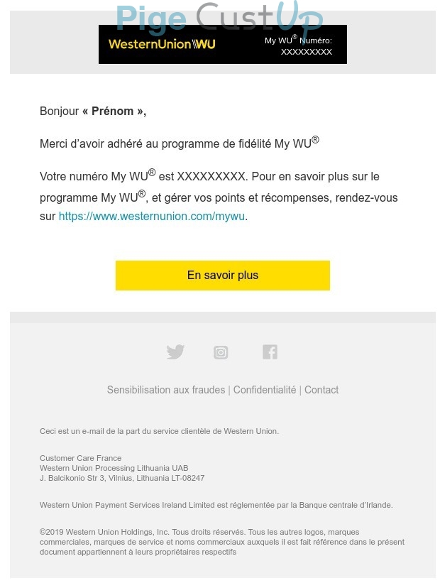 Exemple de Type de media  e-mailing - Western Union - Marketing relationnel - Bienvenue - Welcome