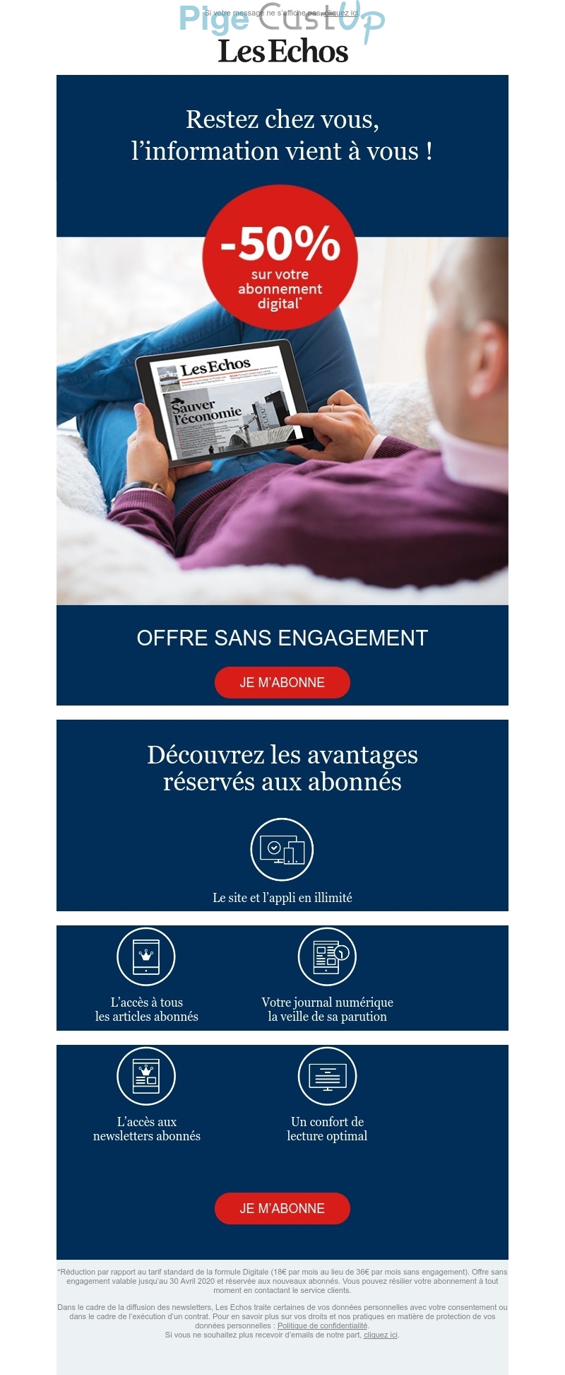 Exemple de Type de media  e-mailing - Les Echos - Marketing Acquisition - Acquisition abonnements - Ventes flash, soldes, demarque, promo, réduction