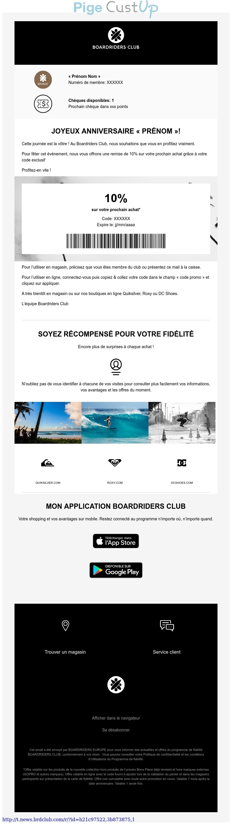 Exemple de Type de media  e-mailing - Boardriders Club - Marketing relationnel - Anniversaire / Fête contact - Marketing fidélisation - Incitation au réachat