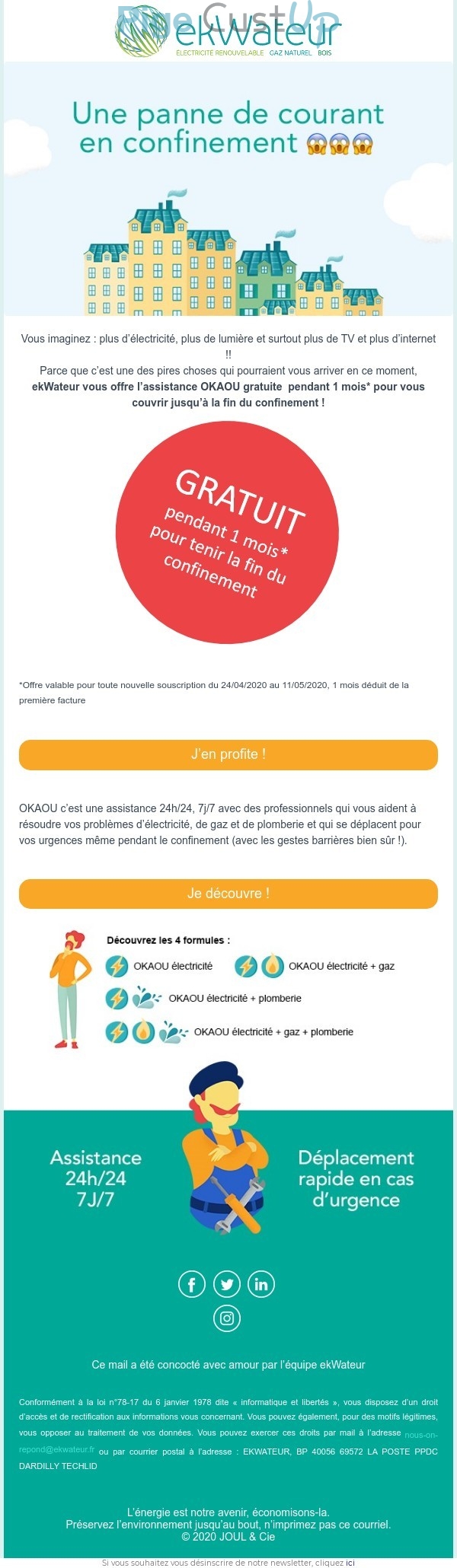 Exemple de Type de media  e-mailing - Ekwateur - Marketing Acquisition - Acquisition abonnements - Gratuit - Cadeau - Marketing marque - Communication Produits - Nouveaux produits - Communication Services - Nouveaux Services - Marketing fidélisation - Incitation au réachat