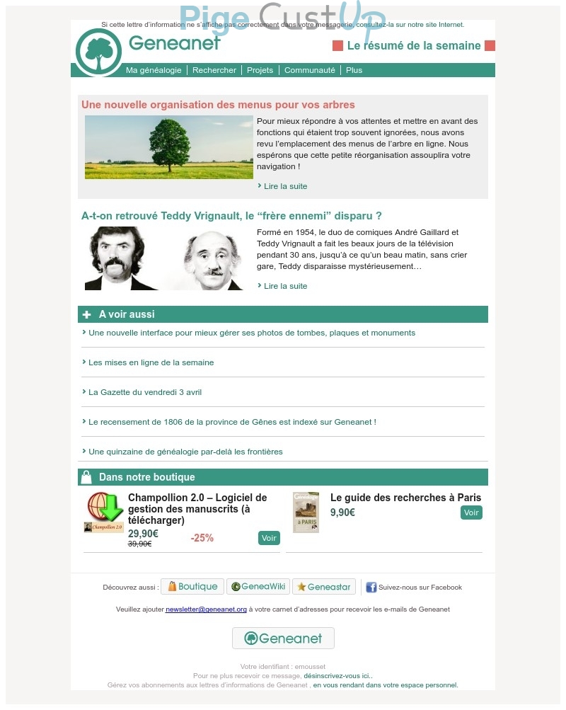 Exemple de Type de media  e-mailing - Geneanet - Marketing Acquisition - Ventes flash, soldes, demarque, promo, réduction - Marketing relationnel - Newsletter