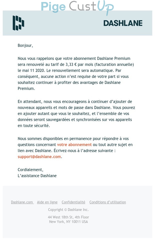 Exemple de Type de media  e-mailing - Dashlane - Marketing fidélisation - Renouvellement abonnement - Transactionnels