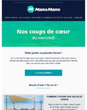 e-mailing - Marketing marque - Communication Produits - Nouveaux produits - Marketing fidélisation - Incitation au réachat - Marketing Acquisition - Ventes flash, soldes, demarque, promo, réduction - Marketing relationnel - Newsletter - ManoMano - 04/2020