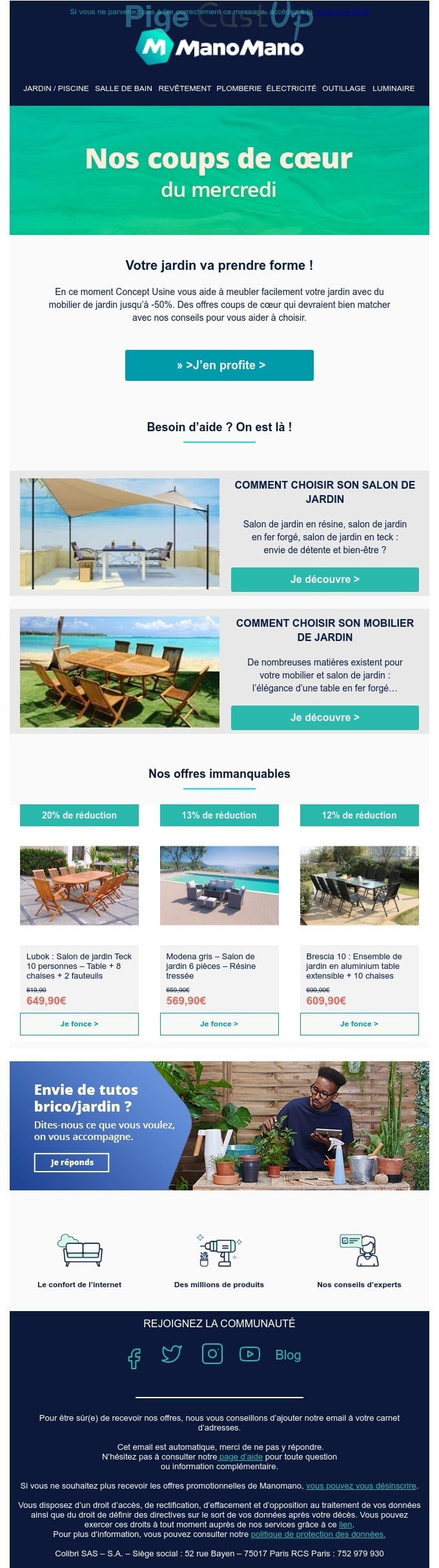 Exemple de Type de media  e-mailing - ManoMano - Marketing marque - Communication Produits - Nouveaux produits - Marketing fidélisation - Incitation au réachat - Marketing Acquisition - Ventes flash, soldes, demarque, promo, réduction - Marketing relationnel - Newsletter