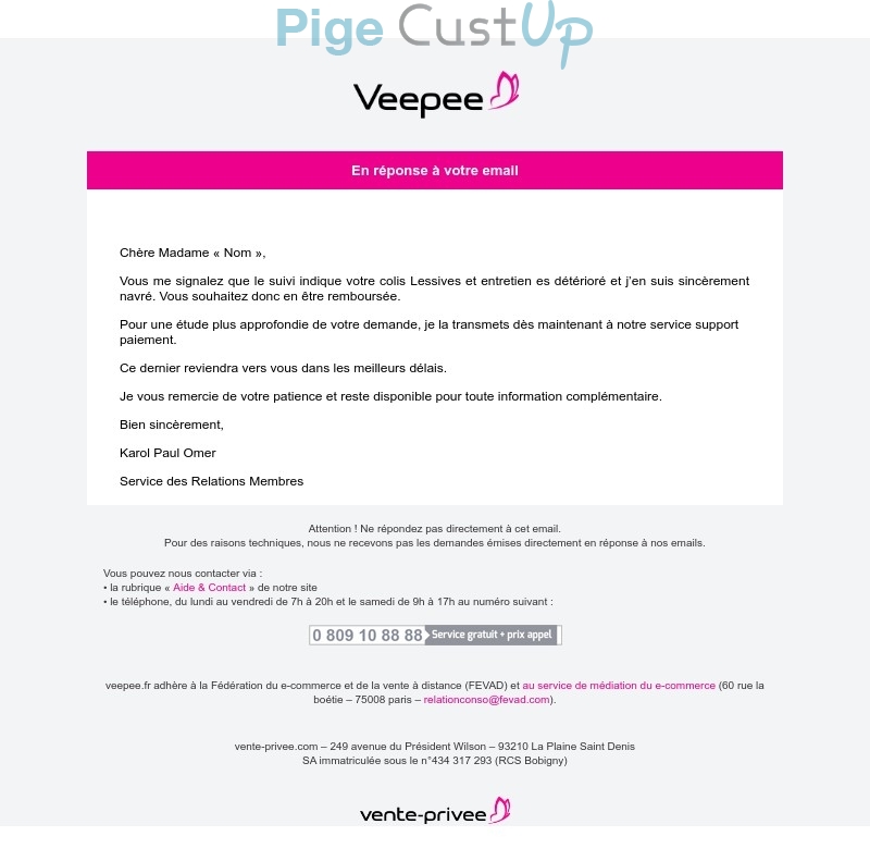 Exemple de Type de media  e-mailing - Veepee - Transactionnels - Remboursements