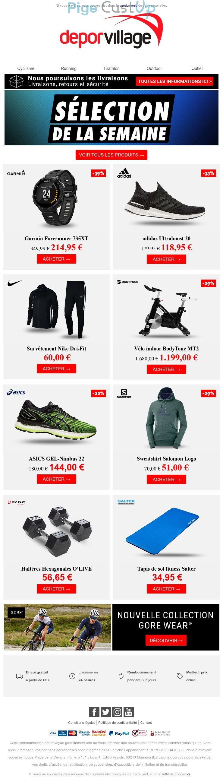 Exemple de Type de media  e-mailing - Deporvillage - Marketing marque - Communication Produits - Nouveaux produits - Marketing fidélisation - Incitation au réachat - Marketing Acquisition - Ventes flash, soldes, demarque, promo, réduction