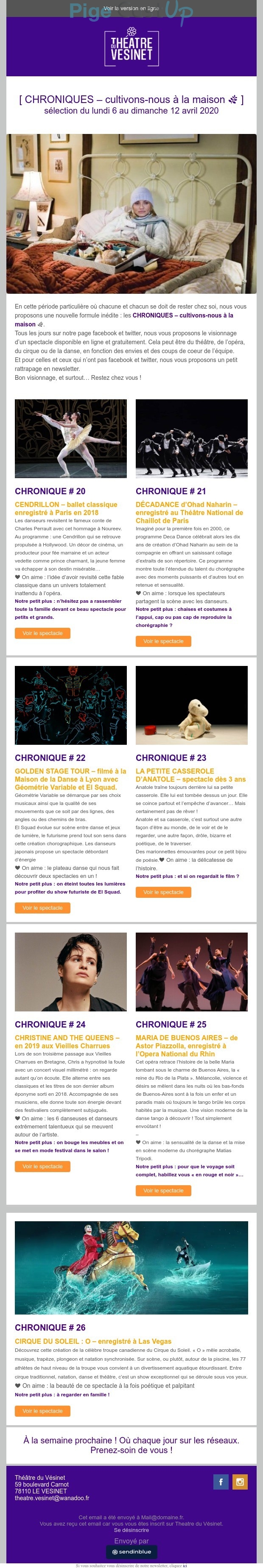 Exemple de Type de media  e-mailing - Théâtre du Vesinet - Marketing marque - Communication Produits - Nouveaux produits - Communication Services - Nouveaux Services - Marketing fidélisation - Incitation au réachat - Marketing relationnel - Newsletter