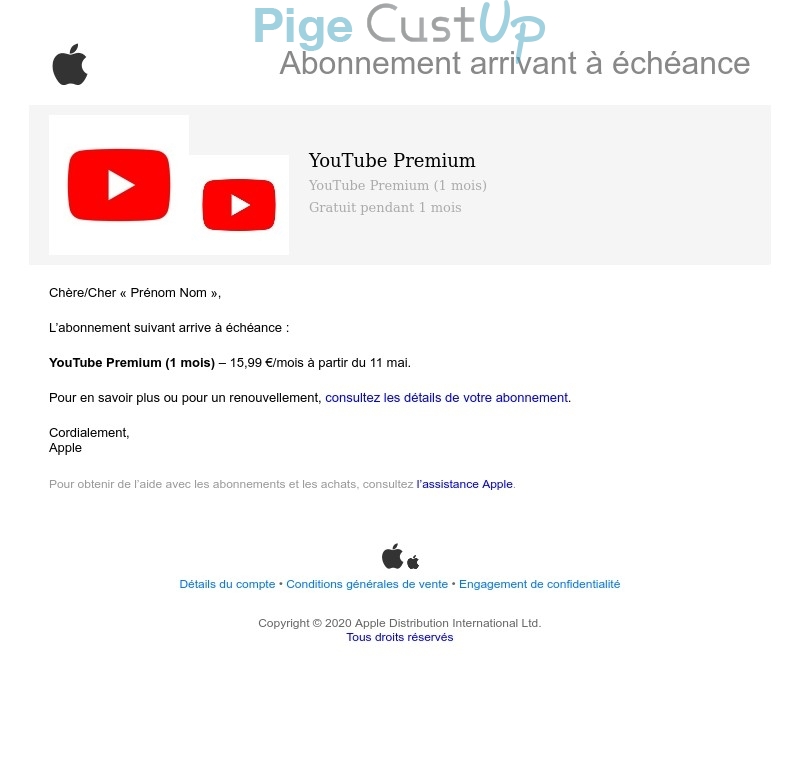 Exemple de Type de media  e-mailing - YouTube - Marketing fidélisation - Renouvellement abonnement