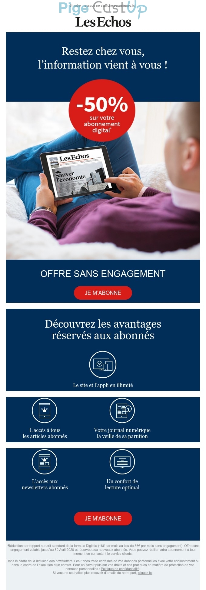 Exemple de Type de media  e-mailing - Les Echos - Marketing Acquisition - Acquisition abonnements - Derniers jours - Ventes flash, soldes, demarque, promo, réduction - Marketing marque - Communication Produits - Nouveaux produits - Communication Services - Nouveaux Services