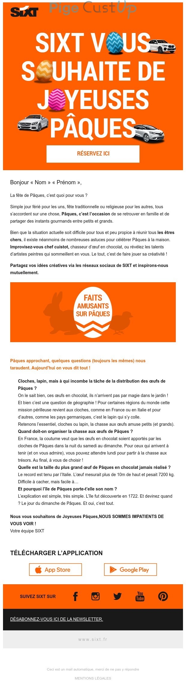 Exemple de Type de media  e-mailing - Sixt - Marketing relationnel - Calendaire (Noël, St valentin, Vœux, …) - Engagement Réseaux sociaux - Newsletter