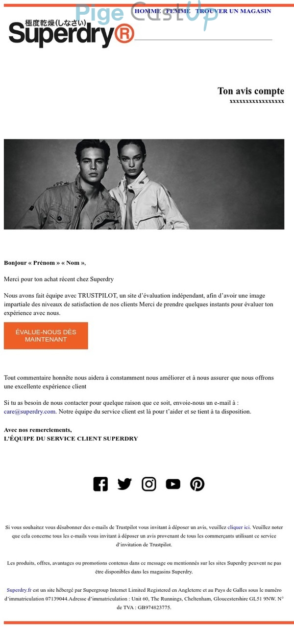Exemple de Type de media  e-mailing - Superdry - Enquêtes Clients - NPS / Avis clients