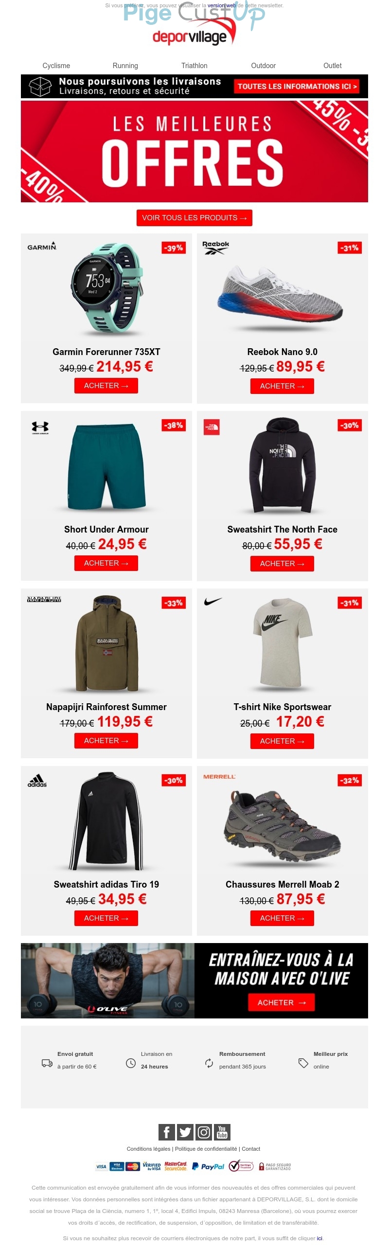 Exemple de Type de media  e-mailing - Deporvillage - Marketing fidélisation - Incitation au réachat - Marketing Acquisition - Ventes flash, soldes, demarque, promo, réduction