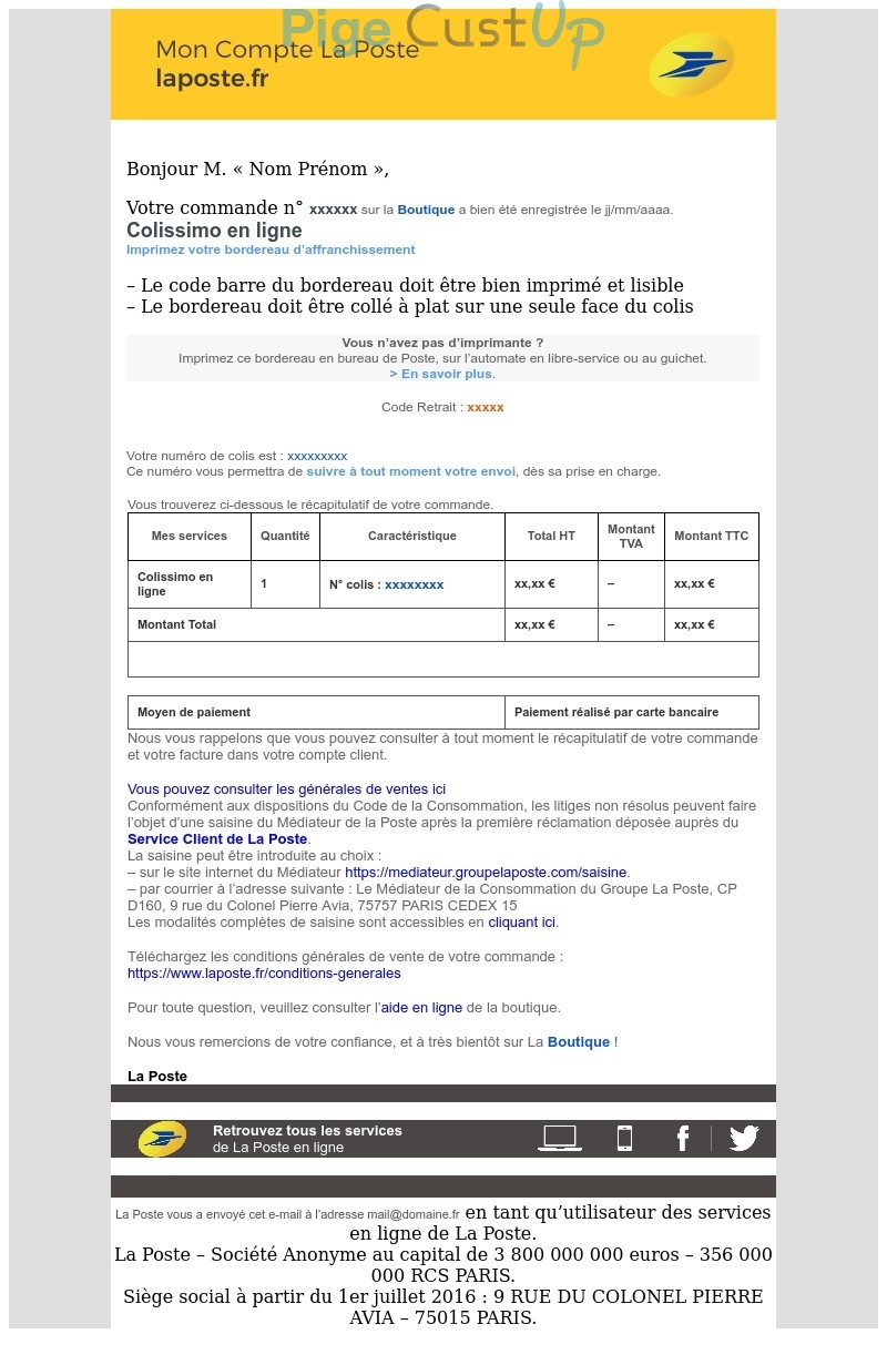 Exemple de Type de media  e-mailing - La Poste - Transactionnels - Confirmation de commande