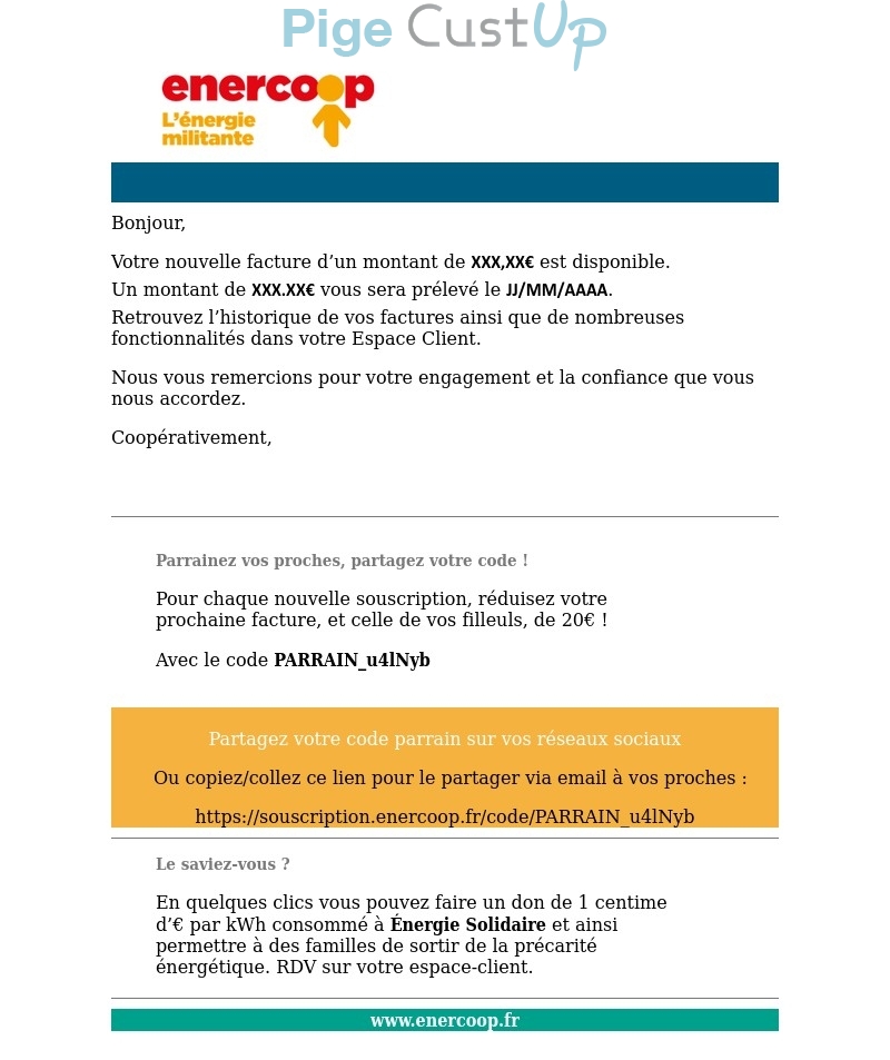 Exemple de Type de media  e-mailing - Enercoop - Marketing Acquisition - Parrainage - Transactionnels - Mise à disposition facture