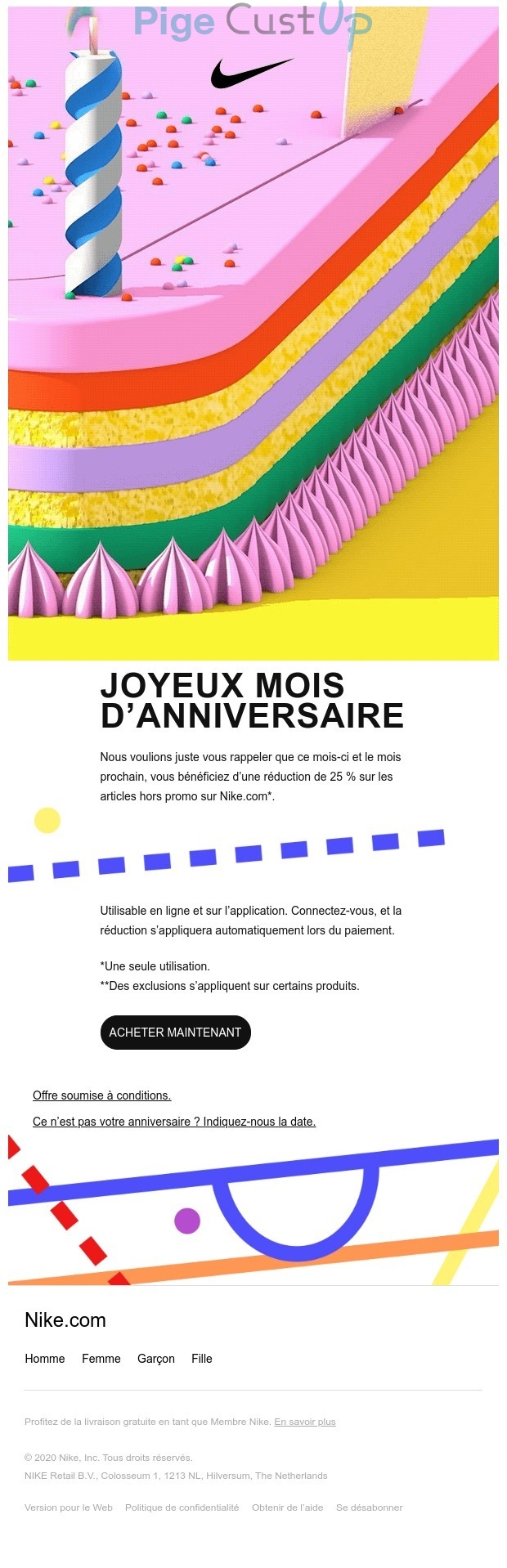 Exemple de Type de media  e-mailing - Nike - Marketing relationnel - Anniversaire / Fête contact - Marketing fidélisation - Incitation au réachat - Marketing Acquisition - Ventes flash, soldes, demarque, promo, réduction