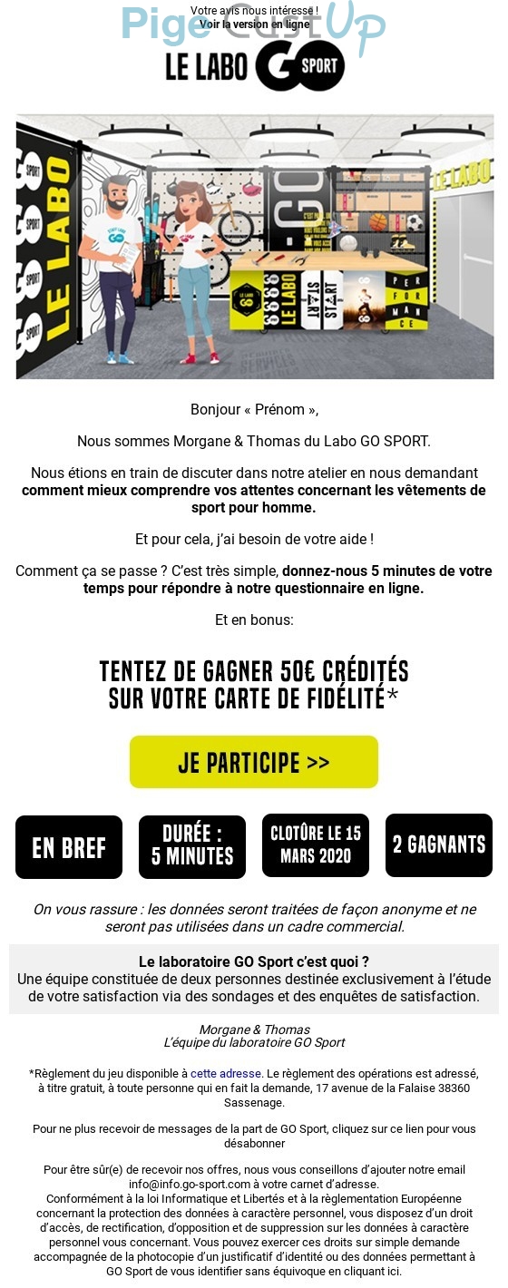 Exemple de Type de media  e-mailing - Go Sport - Enquêtes Clients - Consultation client - Marketing Acquisition - Jeu promo