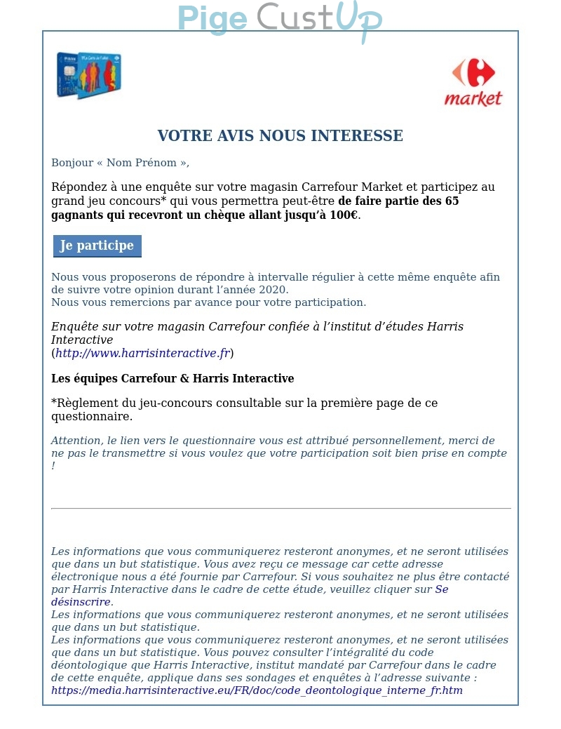 Exemple de Type de media  e-mailing - Carrefour - Enquêtes Clients - Consultation client - Marketing Acquisition - Jeu promo